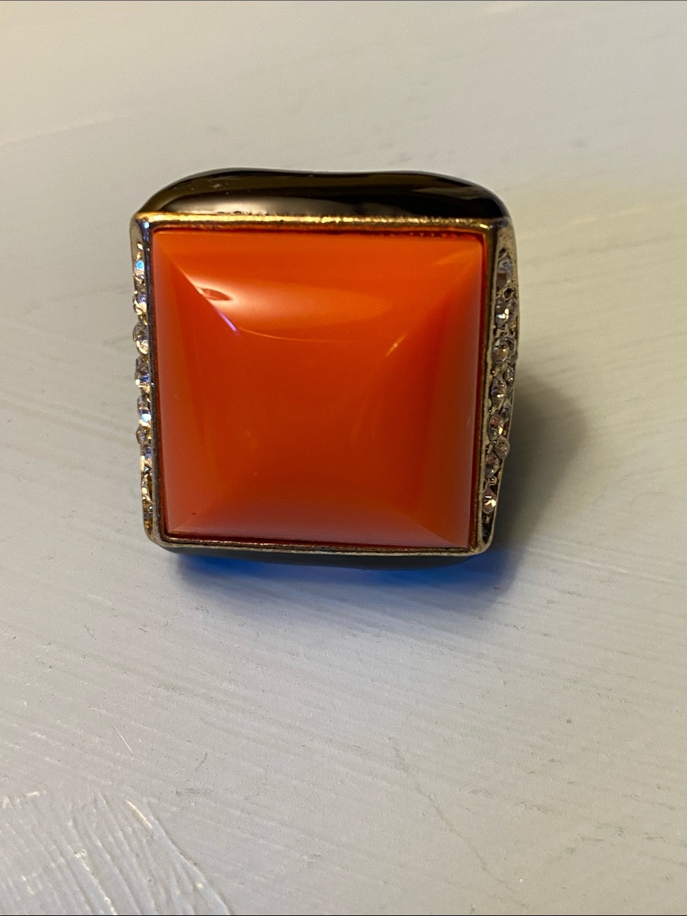 Vintage Orange Bakelite & Black Enamel Cocktail Ring with Rhinestone Accents